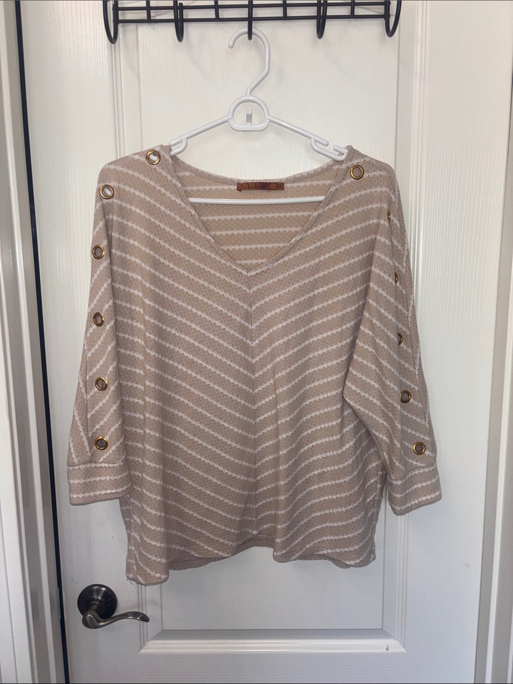 Belldini Beige Striped V‑Neck Sweater with Gold Button Trim